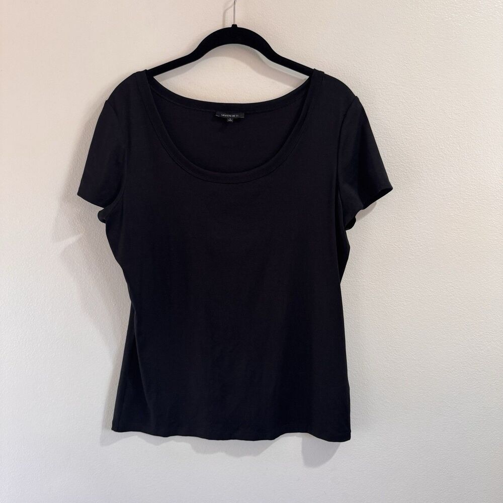 Lafayette 148 New York T-shirt Black L Scoop Neck Stretch Cotton Basic Layer